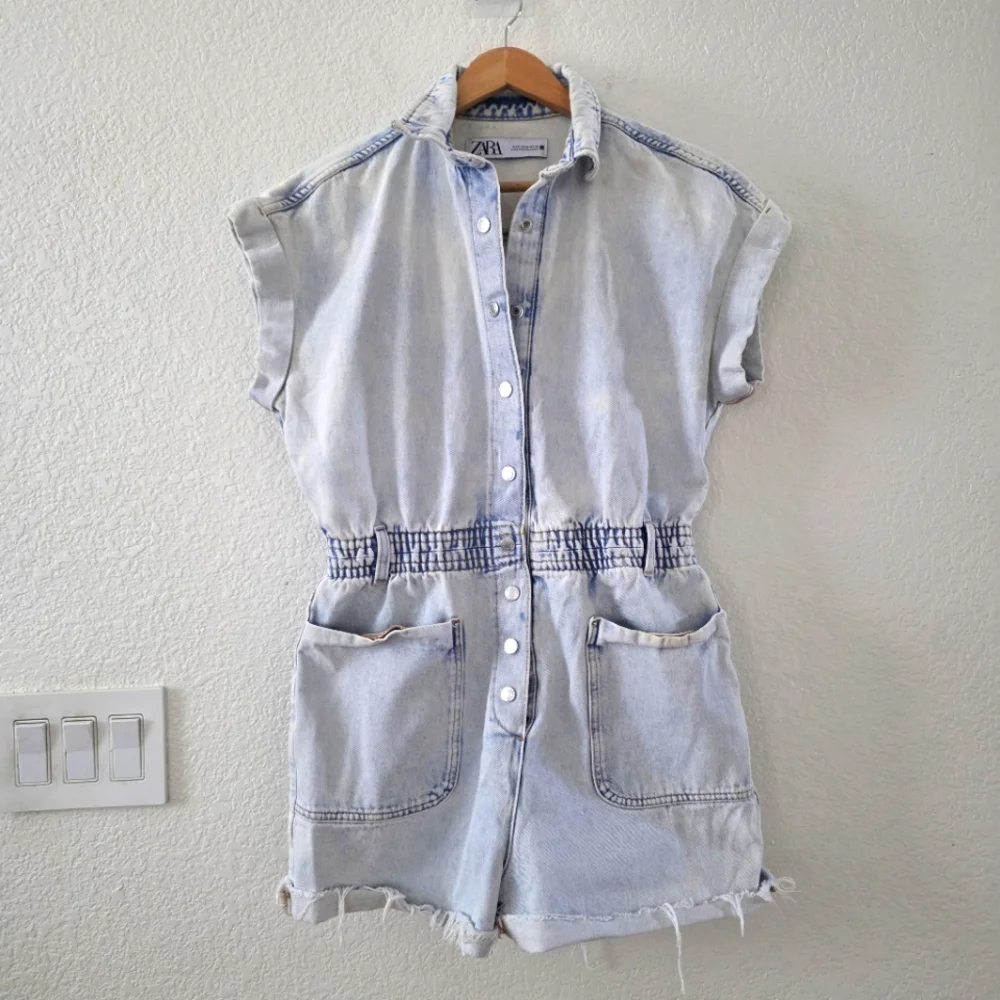 Zara Denim Overalls Romper Light Blue wash M - Picture 3 of 14